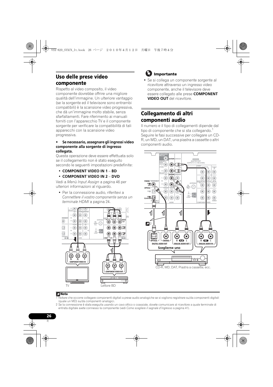 Uso delle prese video componente, Collegamento di altri componenti audio, Lettore bd tv nota | Pioneer VSX-820-S User Manual | Page 26 / 324