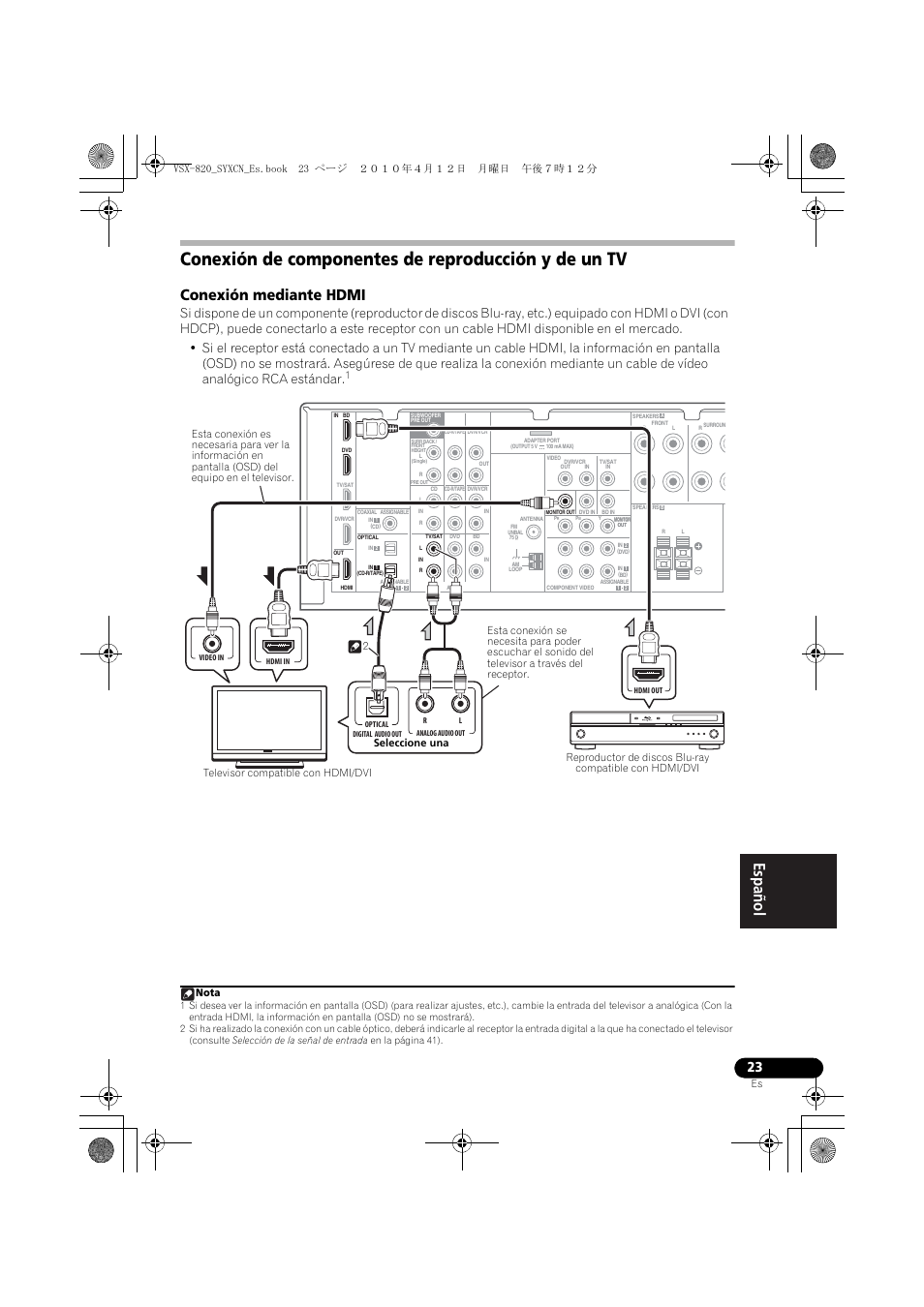 Conexión de componentes de reproducción y de un tv, Conexión mediante hdmi, Nota | Pioneer VSX-820-S User Manual | Page 263 / 324