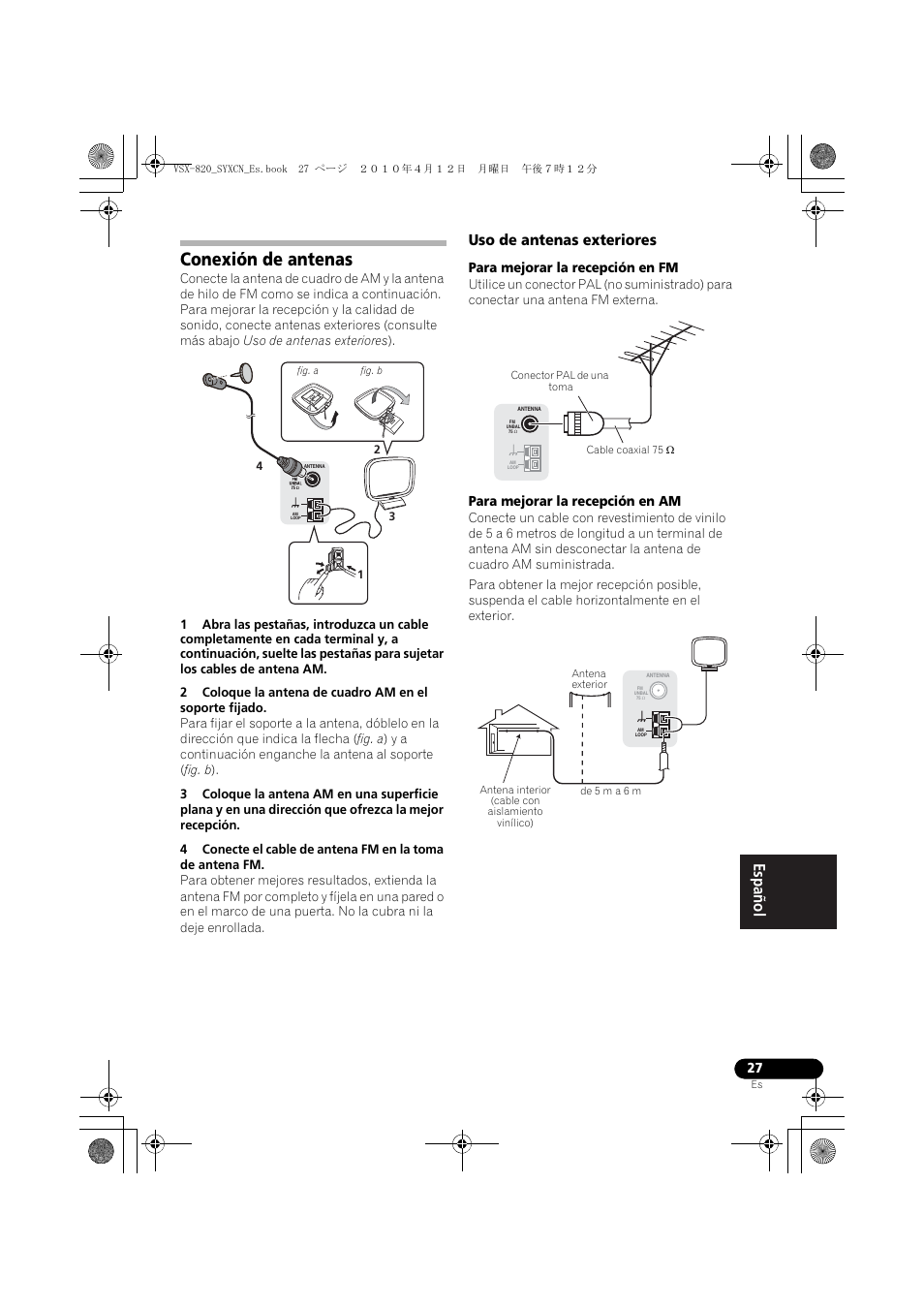 Conexión de antenas, Uso de antenas exteriores, Para mejorar la recepción en fm | Para mejorar la recepción en am | Pioneer VSX-820-S User Manual | Page 267 / 324