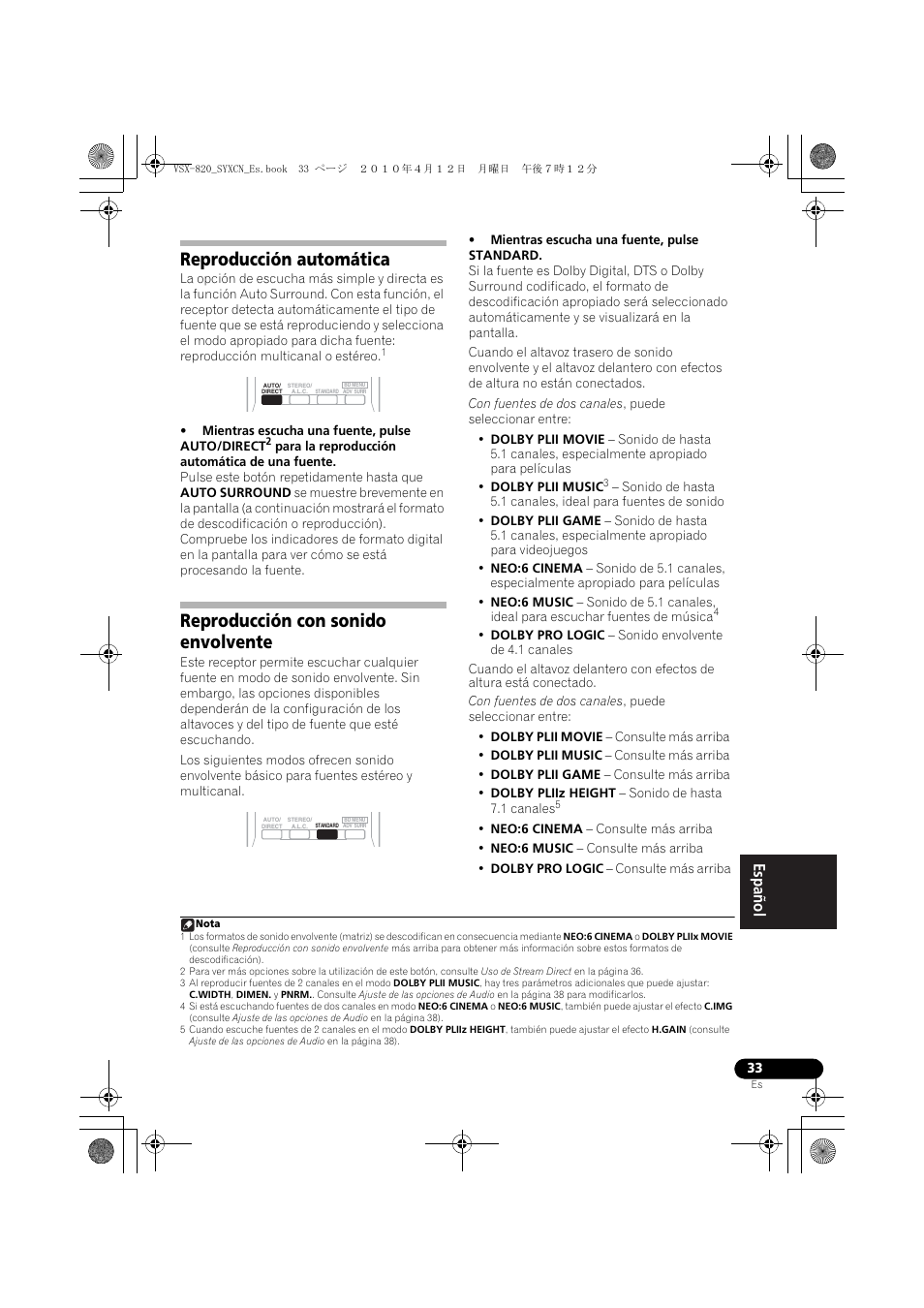 Reproducción automática, Reproducción con sonido envolvente | Pioneer VSX-820-S User Manual | Page 273 / 324