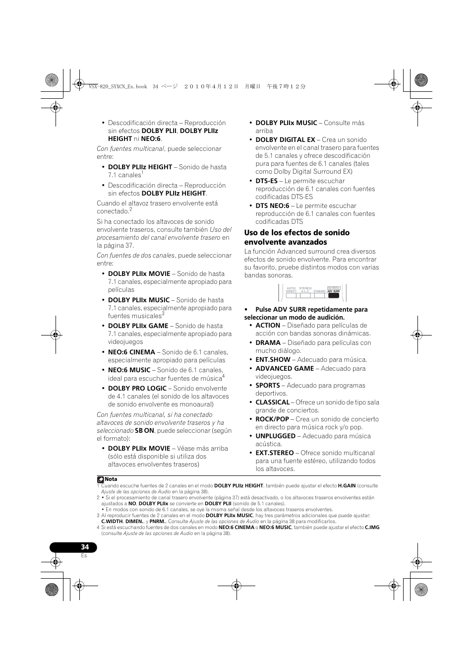 Uso de los efectos de sonido envolvente avanzados | Pioneer VSX-820-S User Manual | Page 274 / 324