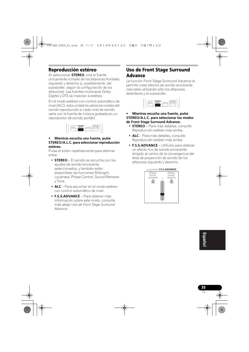 Reproducción estéreo, Uso de front stage surround advance | Pioneer VSX-820-S User Manual | Page 275 / 324