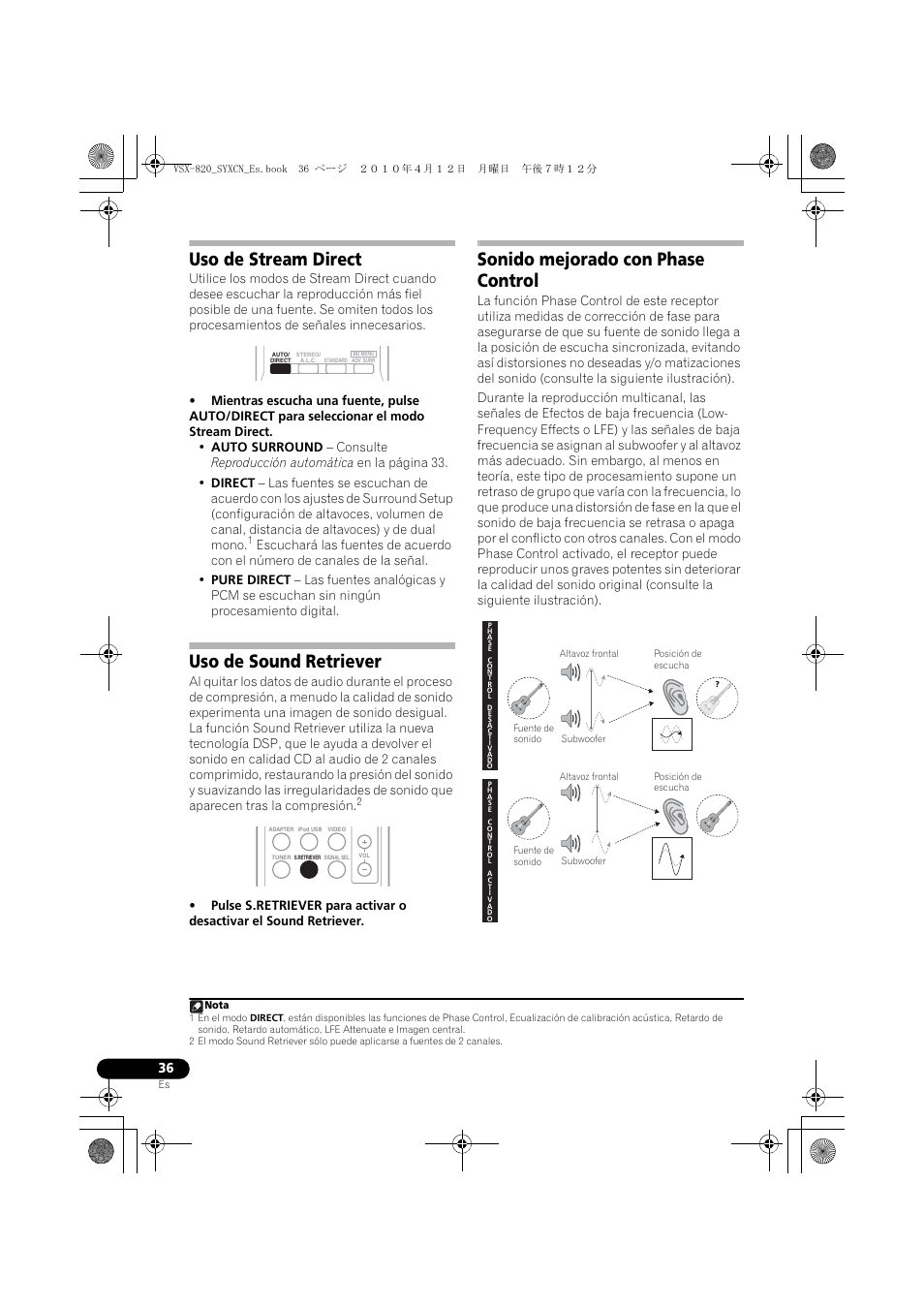 Uso de stream direct, Uso de sound retriever, Sonido mejorado con phase control | Pioneer VSX-820-S User Manual | Page 276 / 324