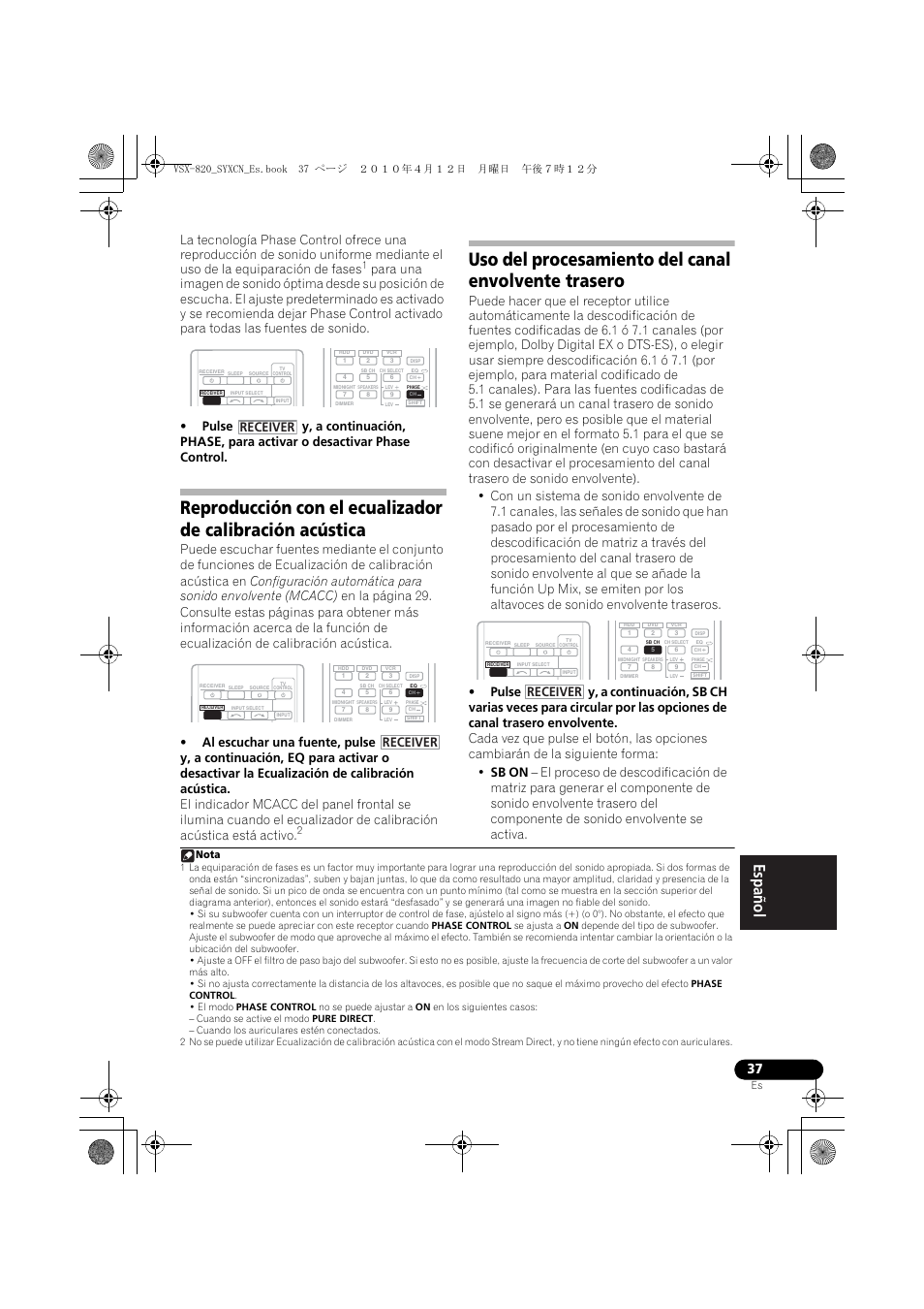 Uso del procesamiento del canal envolvente trasero, Receiver | Pioneer VSX-820-S User Manual | Page 277 / 324