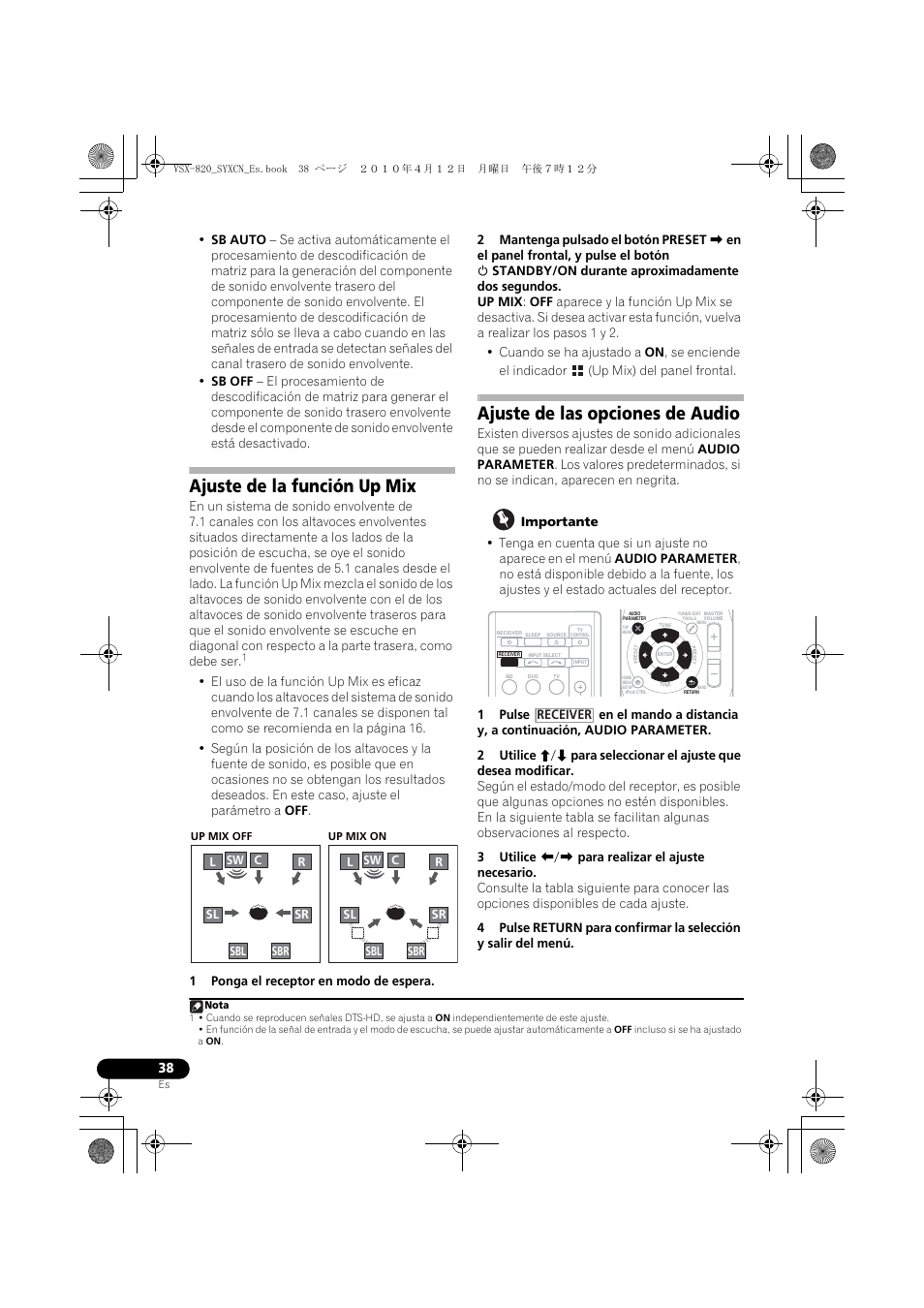 Ajuste de la función up mix, Ajuste de las opciones de audio | Pioneer VSX-820-S User Manual | Page 278 / 324