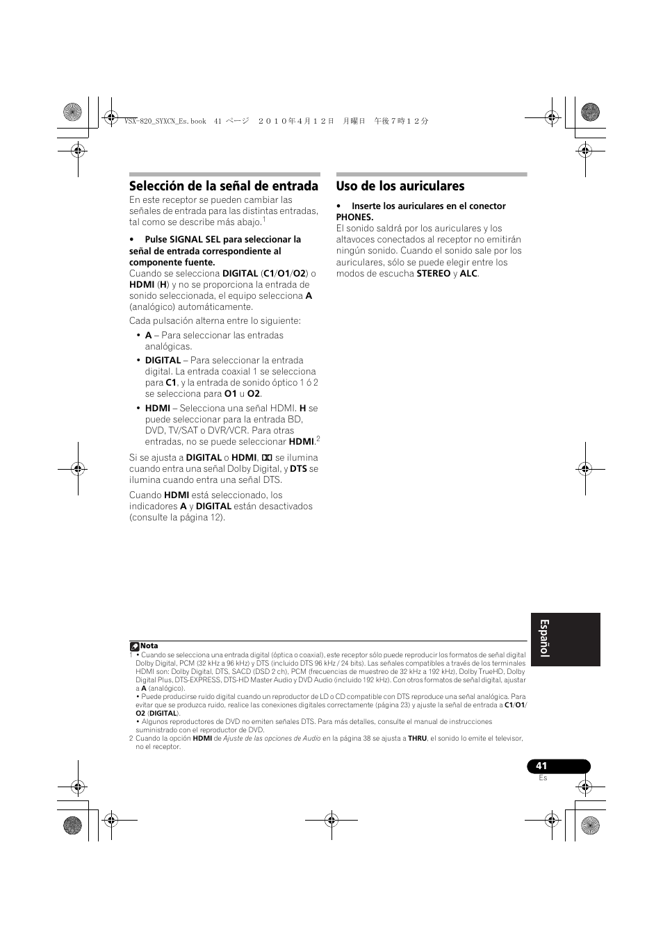 Selección de la señal de entrada, Uso de los auriculares | Pioneer VSX-820-S User Manual | Page 281 / 324