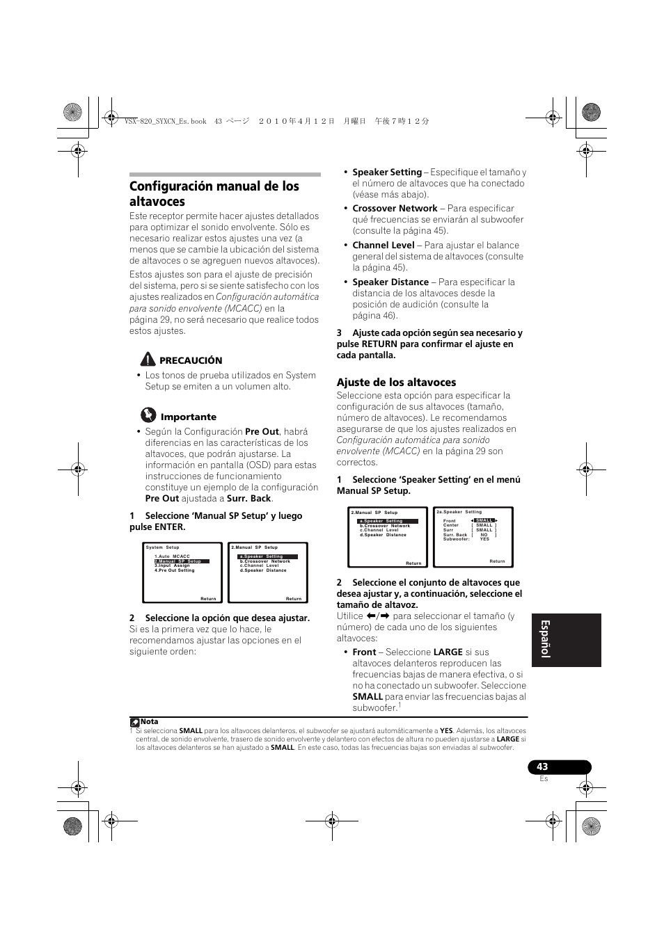 Configuración manual de los altavoces, Ajuste de los altavoces | Pioneer VSX-820-S User Manual | Page 283 / 324