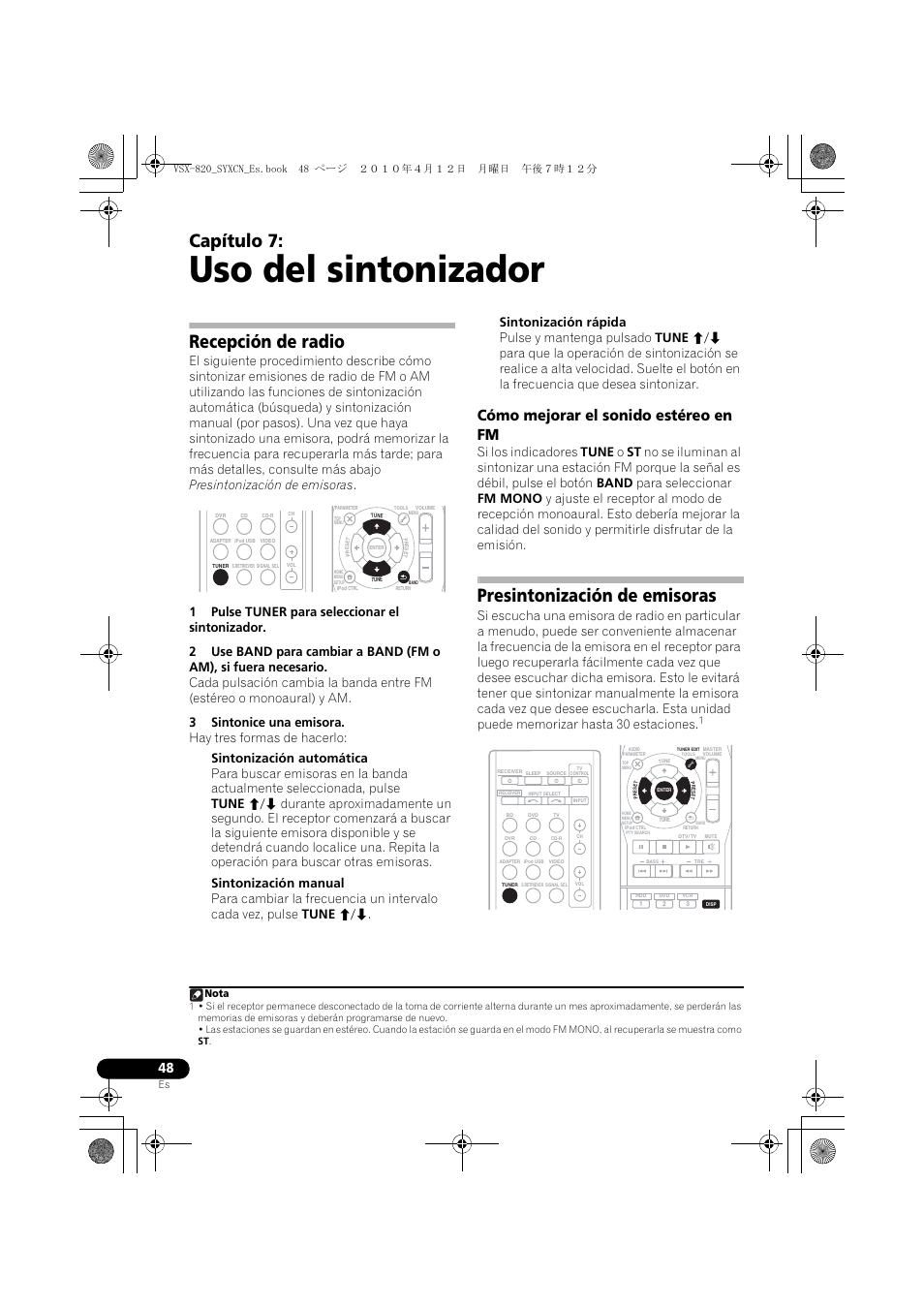 Uso del sintonizador, Recepción de radio, Cómo mejorar el sonido estéreo en fm | Presintonización de emisoras, 07 uso del sintonizador, Capítulo 7, Nota | Pioneer VSX-820-S User Manual | Page 288 / 324