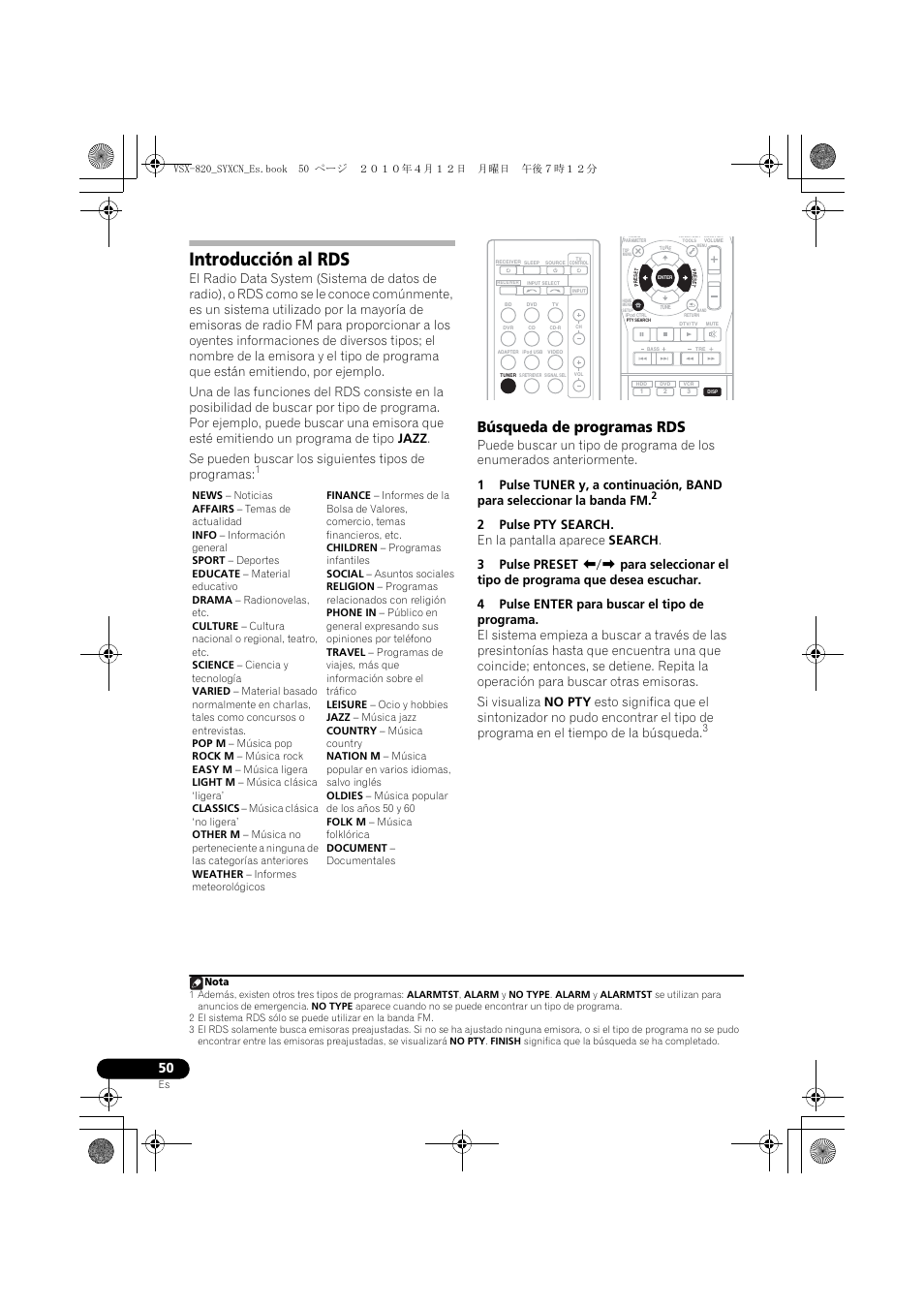 Introducción al rds, Búsqueda de programas rds | Pioneer VSX-820-S User Manual | Page 290 / 324