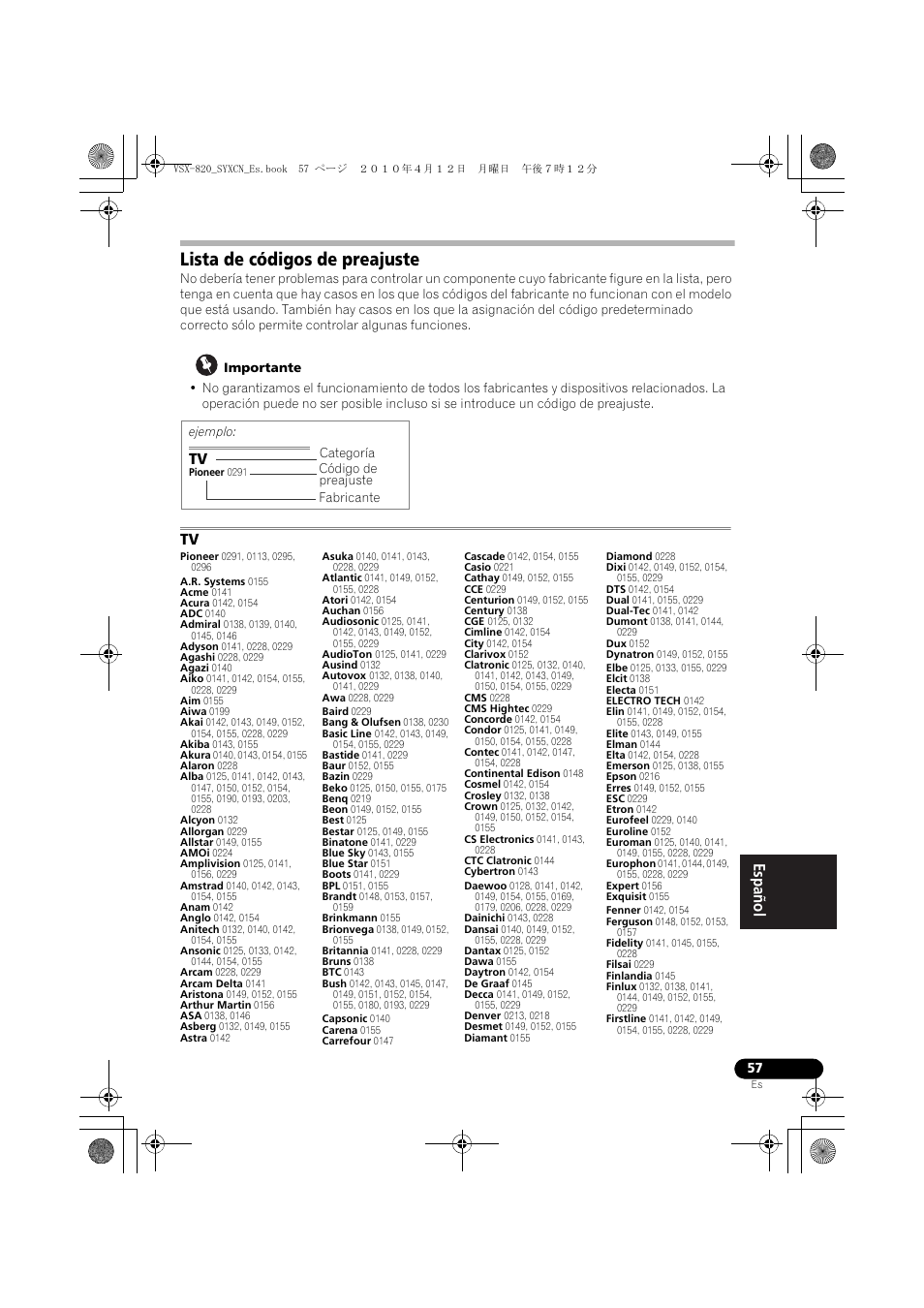 Lista de códigos de preajuste | Pioneer VSX-820-S User Manual | Page 297 / 324