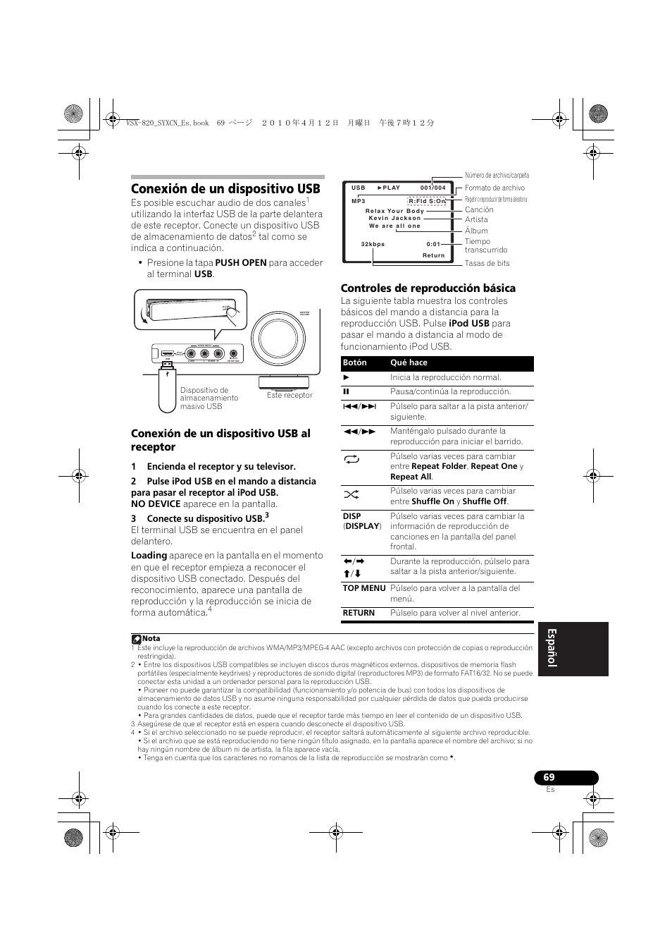Conexión de un dispositivo usb, Conexión de un dispositivo usb al receptor, Controles de reproducción básica | Pioneer VSX-820-S User Manual | Page 309 / 324