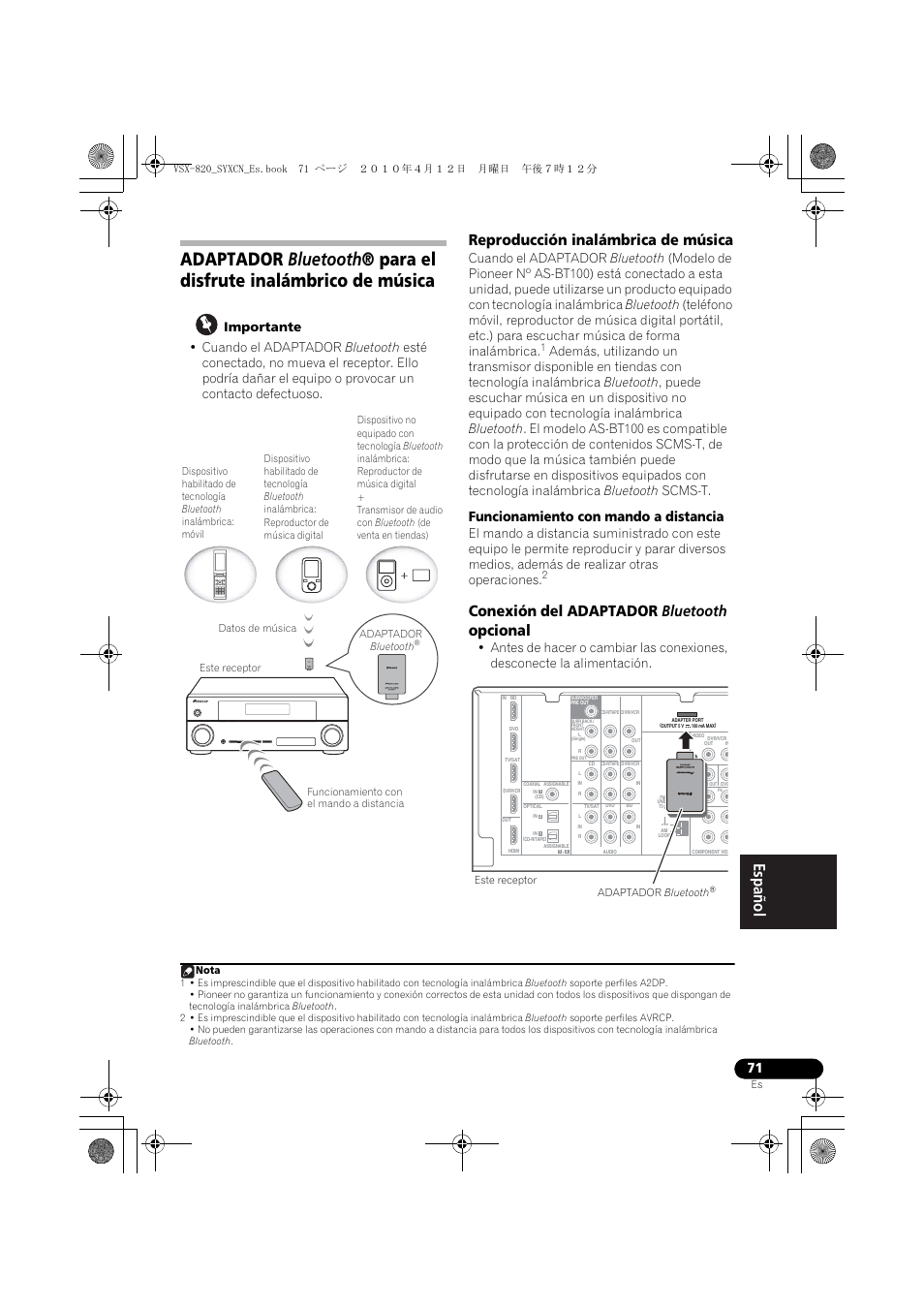 Reproducción inalámbrica de música, Conexión del adaptador bluetooth opcional, Funcionamiento con mando a distancia | Pioneer VSX-820-S User Manual | Page 311 / 324