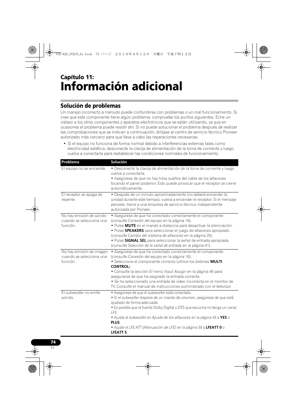 Información adicional, Solución de problemas, 11 información adicional | Capítulo 11 | Pioneer VSX-820-S User Manual | Page 314 / 324