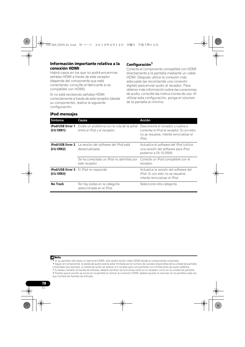 Información importante relativa a la conexión hdmi, Ipod mensajes | Pioneer VSX-820-S User Manual | Page 318 / 324