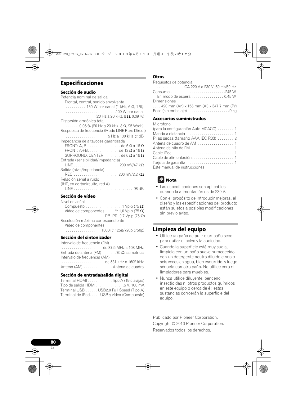 Especificaciones, Limpieza del equipo | Pioneer VSX-820-S User Manual | Page 320 / 324