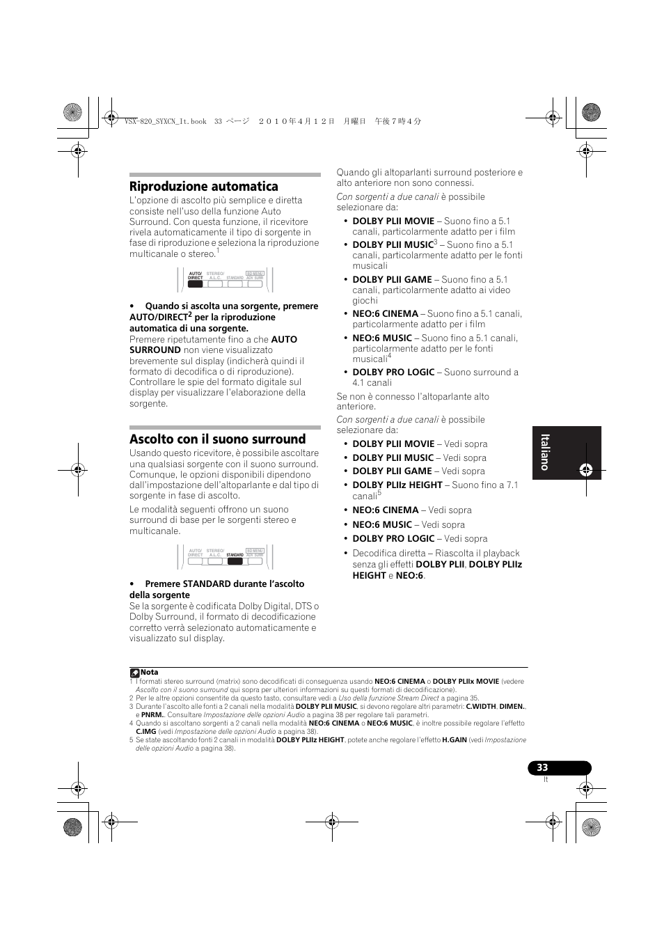 Riproduzione automatica, Ascolto con il suono surround | Pioneer VSX-820-S User Manual | Page 33 / 324
