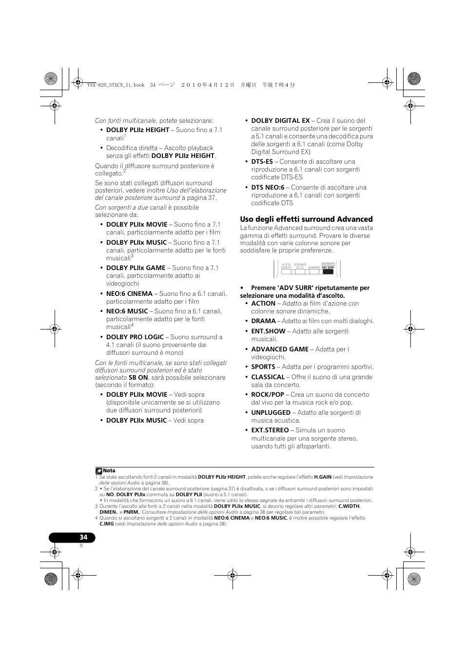 Uso degli effetti surround advanced | Pioneer VSX-820-S User Manual | Page 34 / 324