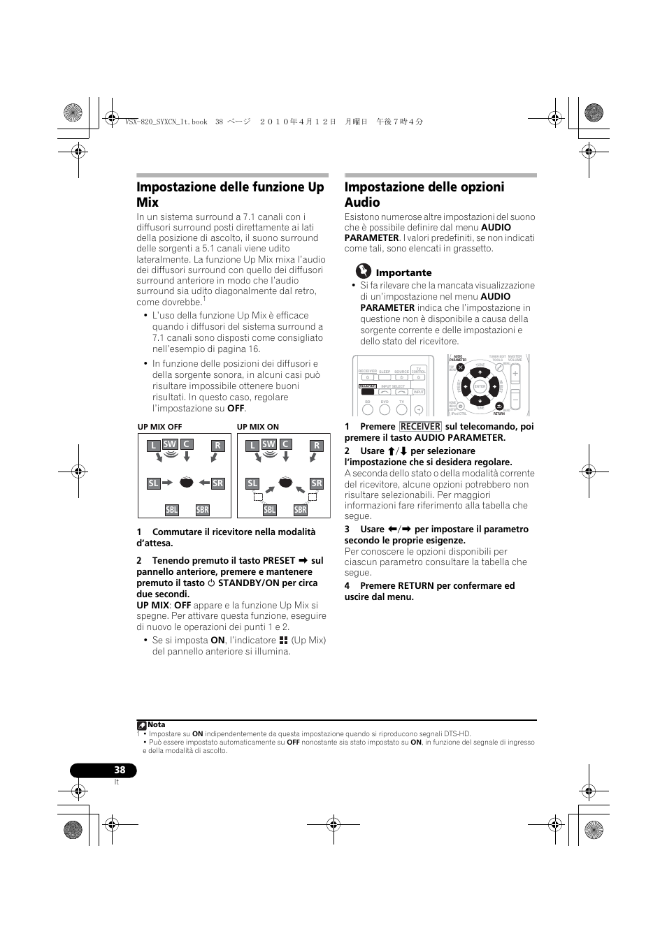 Impostazione delle funzione up mix, Impostazione delle opzioni audio | Pioneer VSX-820-S User Manual | Page 38 / 324