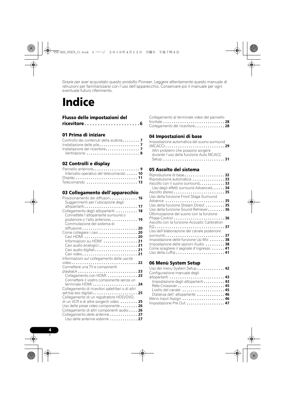 Indice, Istruzioni per i’uso | Pioneer VSX-820-S User Manual | Page 4 / 324