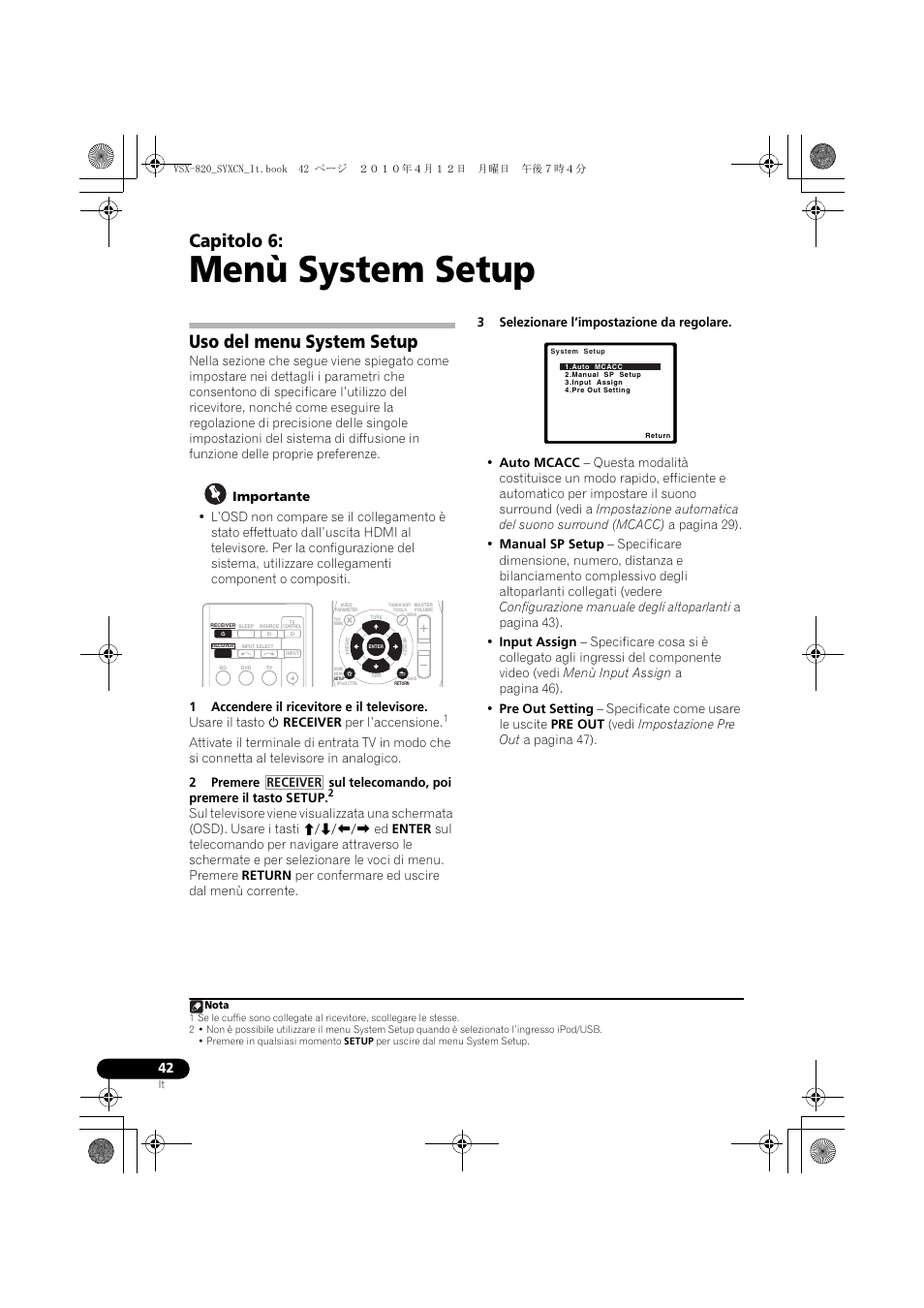 Menù system setup, Uso del menu system setup, 06 menù system setup | Capitolo 6, Receiver | Pioneer VSX-820-S User Manual | Page 42 / 324