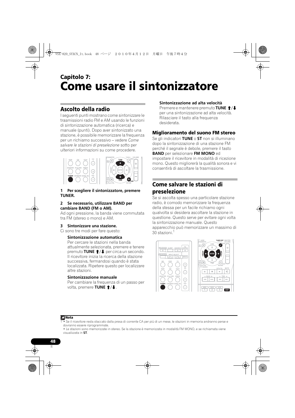 Come usare il sintonizzatore, Ascolto della radio, Miglioramento del suono fm stereo | Come salvare le stazioni di preselezione, 07 come usare il sintonizzatore, Capitolo 7, Nota | Pioneer VSX-820-S User Manual | Page 48 / 324