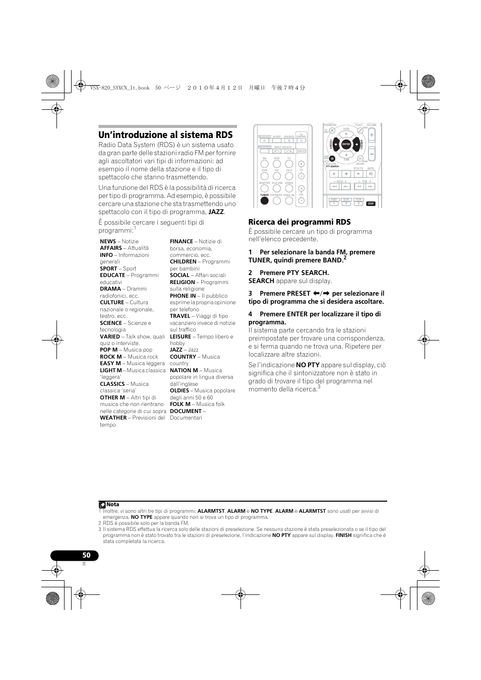 Un’introduzione al sistema rds, Ricerca dei programmi rds | Pioneer VSX-820-S User Manual | Page 50 / 324