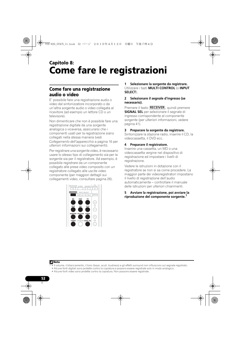 Come fare le registrazioni, Come fare una registrazione audio o video, 08 come fare le registrazioni | Capitolo 8 | Pioneer VSX-820-S User Manual | Page 52 / 324