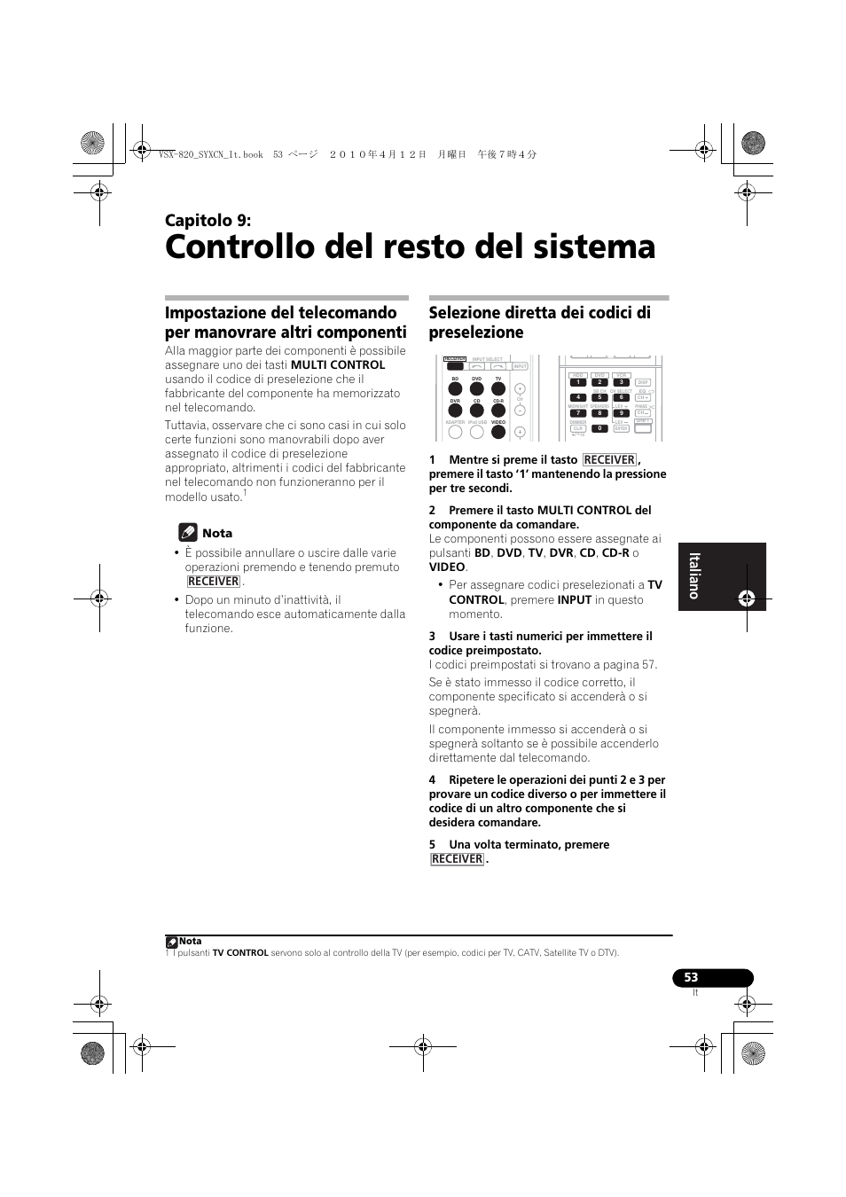 Controllo del resto del sistema, Selezione diretta dei codici di preselezione, 09 controllo del resto del sistema | Capitolo 9 | Pioneer VSX-820-S User Manual | Page 53 / 324