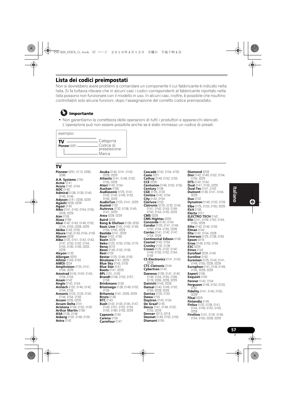Lista dei codici preimpostati | Pioneer VSX-820-S User Manual | Page 57 / 324