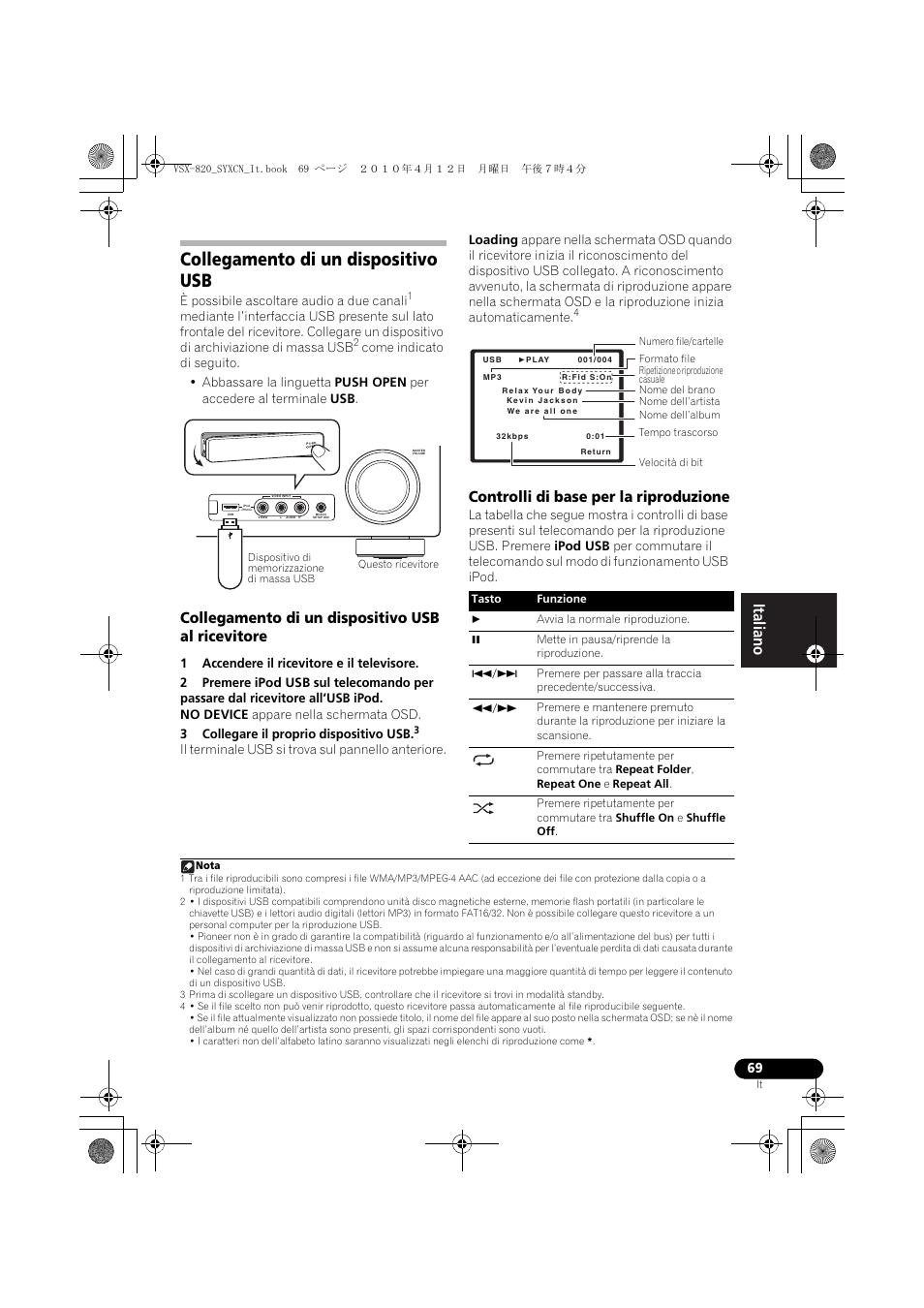 Collegamento di un dispositivo usb, Collegamento di un dispositivo usb al ricevitore, Controlli di base per la riproduzione | Pioneer VSX-820-S User Manual | Page 69 / 324