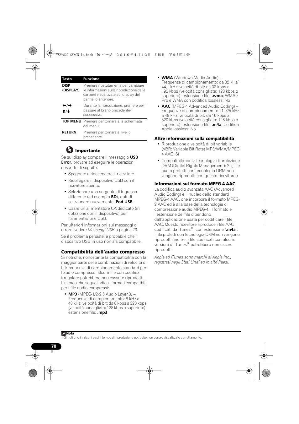 Compatibilità dell’audio compresso | Pioneer VSX-820-S User Manual | Page 70 / 324