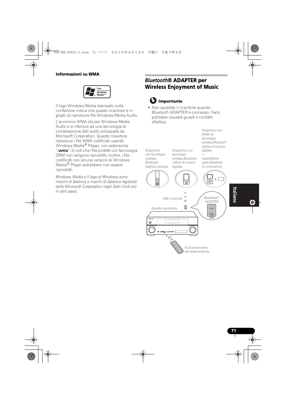 Bluetooth® adapter per wireless enjoyment of music | Pioneer VSX-820-S User Manual | Page 71 / 324