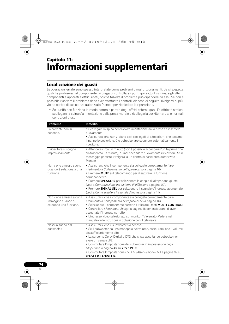 Informazioni supplementari, Localizzazione dei guasti, 11 informazioni supplementari | Capitolo 11 | Pioneer VSX-820-S User Manual | Page 74 / 324