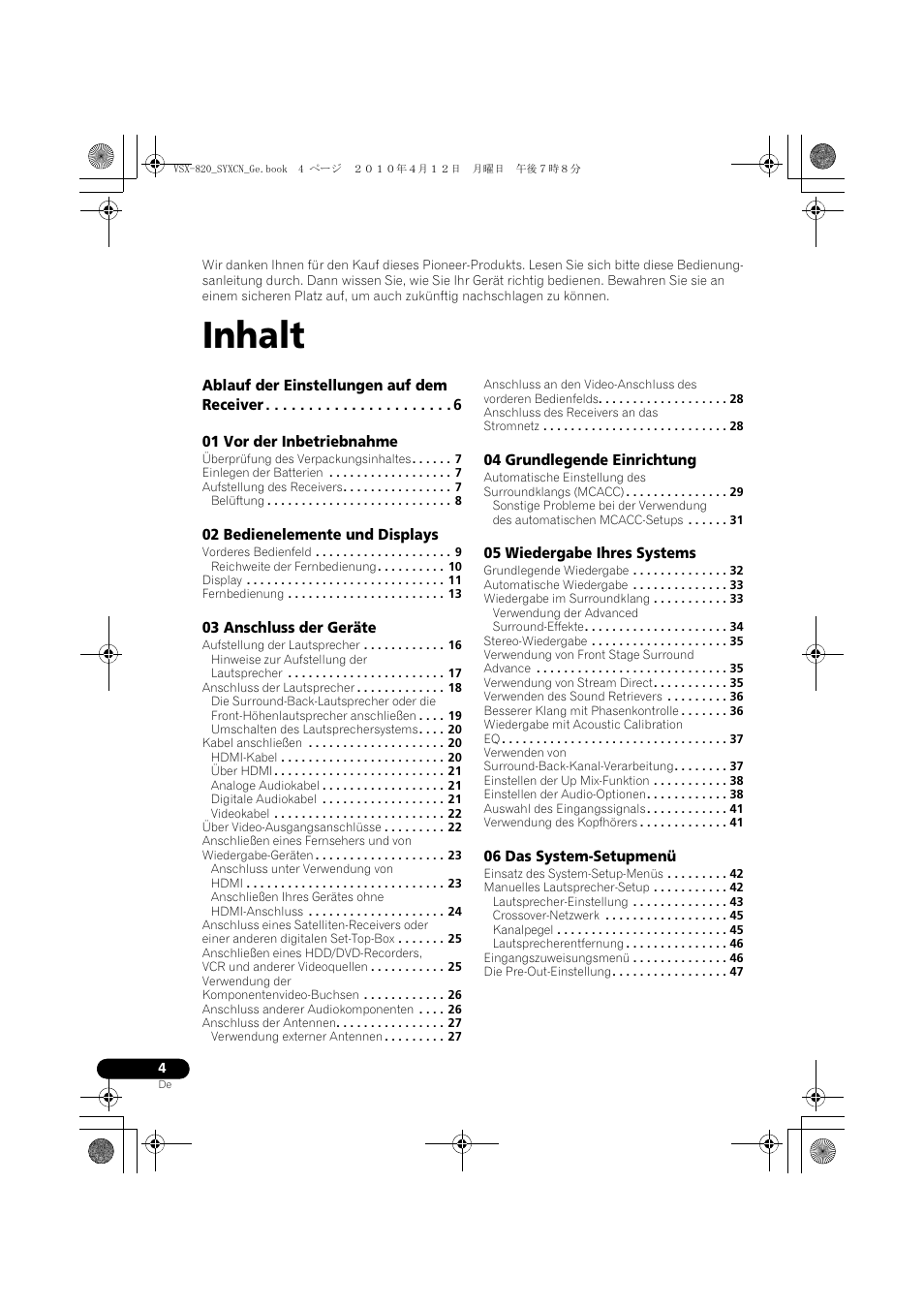 Inhalt, Bedienungsanleitung | Pioneer VSX-820-S User Manual | Page 84 / 324