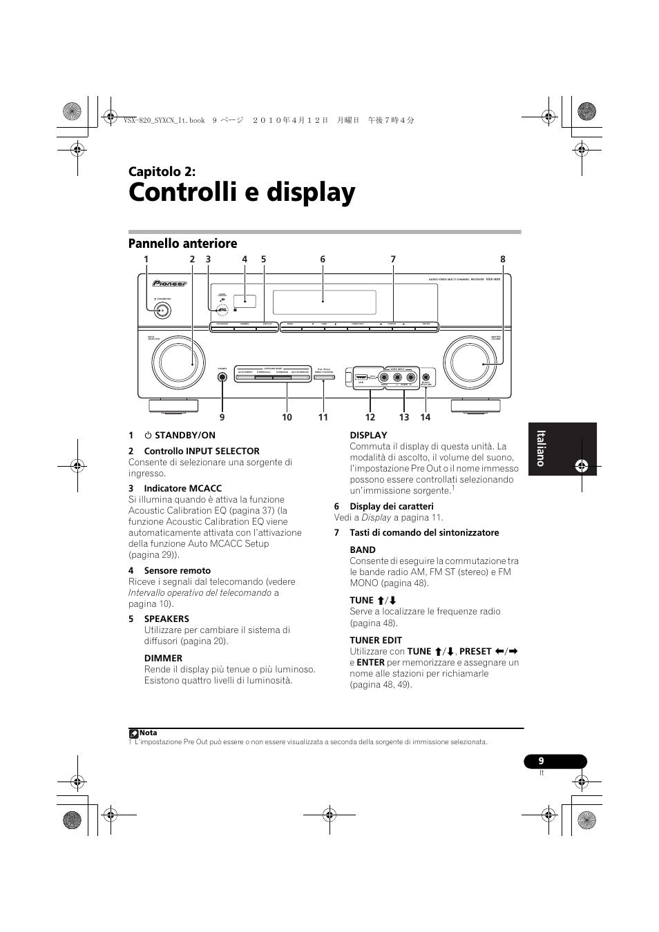 Controlli e display, Pannello anteriore, 02 controlli e display | Capitolo 2 | Pioneer VSX-820-S User Manual | Page 9 / 324