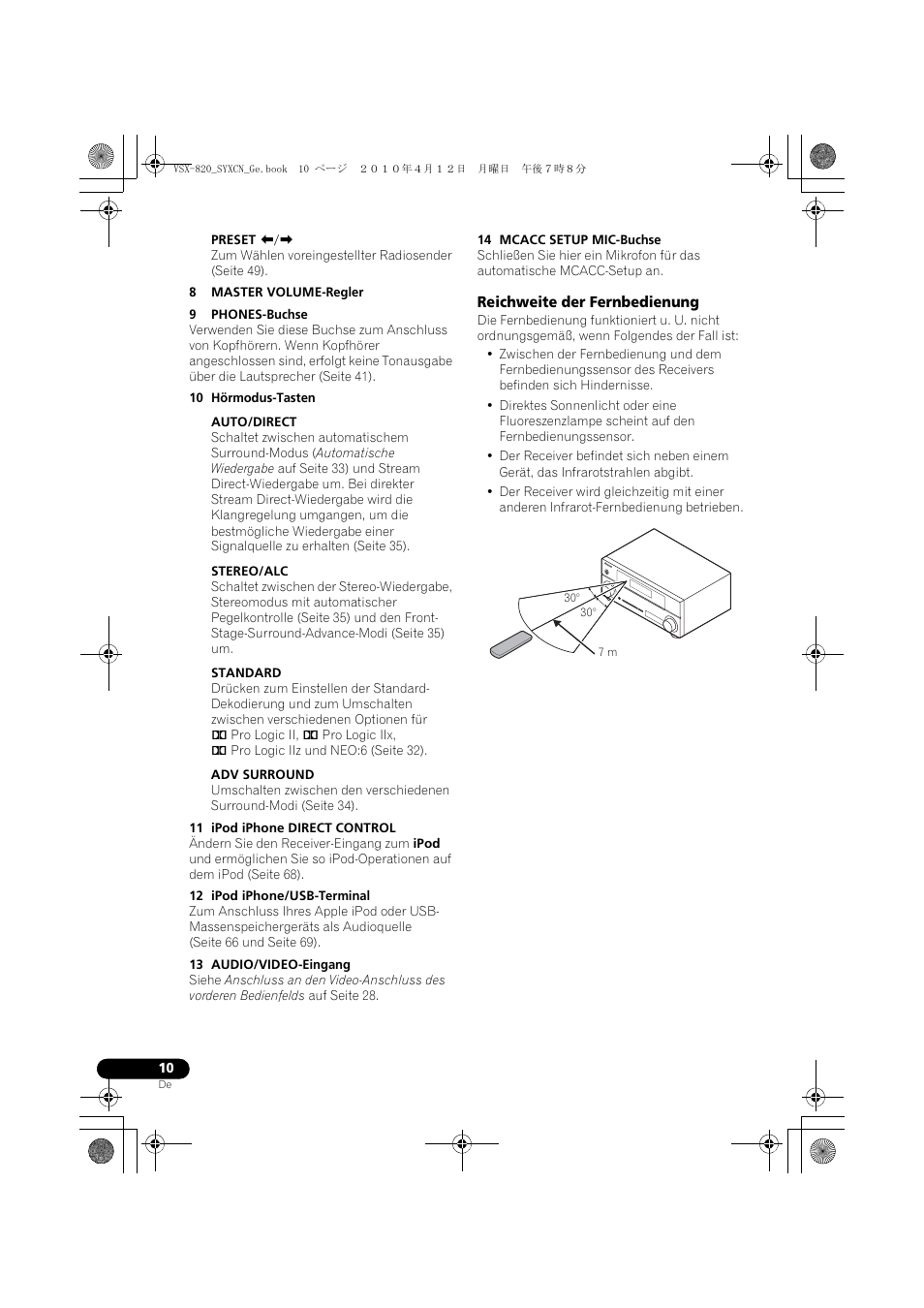 Reichweite der fernbedienung | Pioneer VSX-820-S User Manual | Page 90 / 324