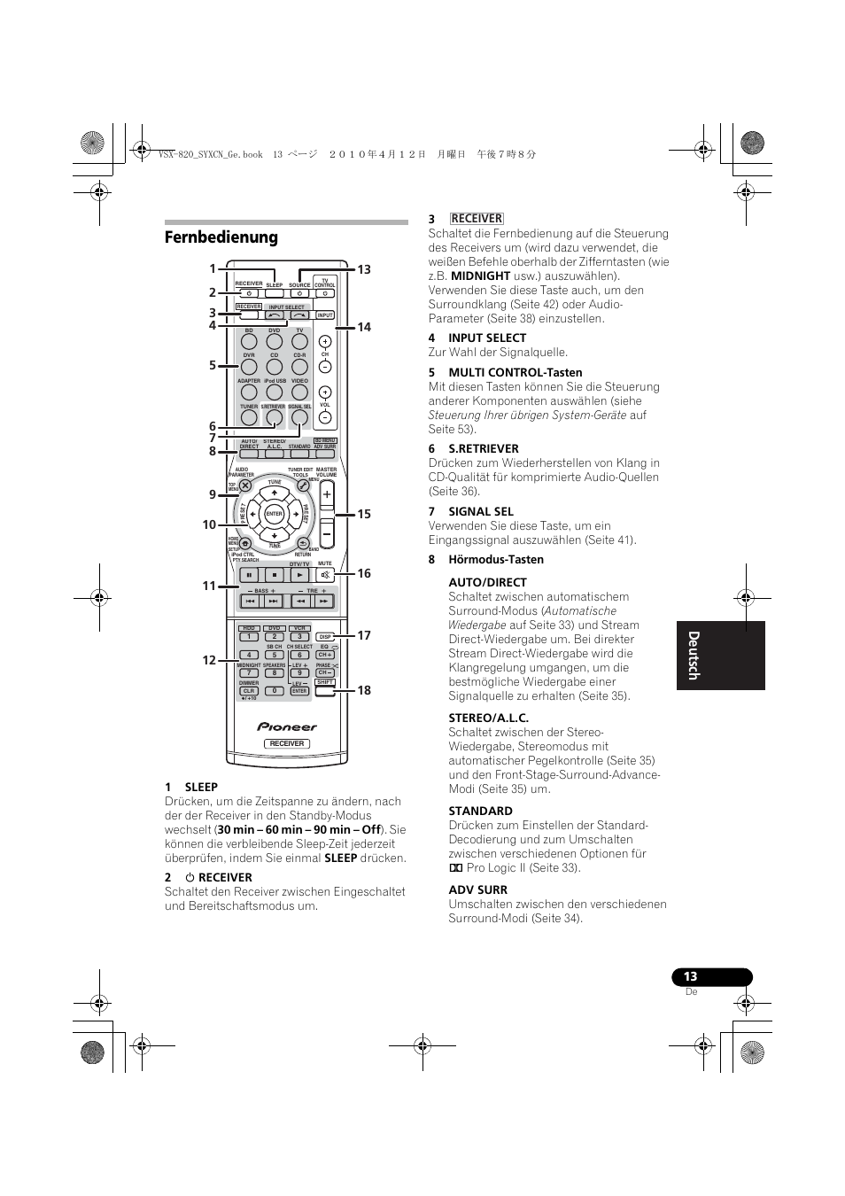 Fernbedienung, Receiver | Pioneer VSX-820-S User Manual | Page 93 / 324