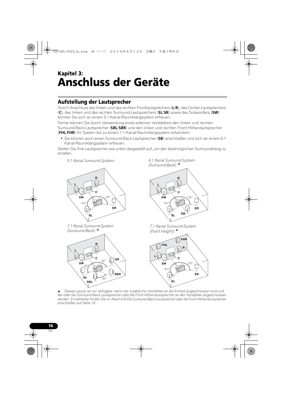 Anschluss der geräte, Aufstellung der lautsprecher, 03 anschluss der geräte | Kapitel 3 | Pioneer VSX-820-S User Manual | Page 96 / 324