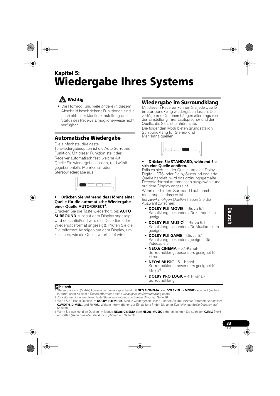 Wiedergabe ihres systems, Automatische wiedergabe, Wiedergabe im surroundklang | Wiedergabe ihres systems auf seite 33, Automatische wiedergabe auf seite 33, Seite 33, Siehe automatische wiedergabe auf seite 33), Seite 33), Wiedergabe im surroundklang auf seite 33, Gic ii (seite 33) | Pioneer VSX-819H-S User Manual | Page 103 / 282