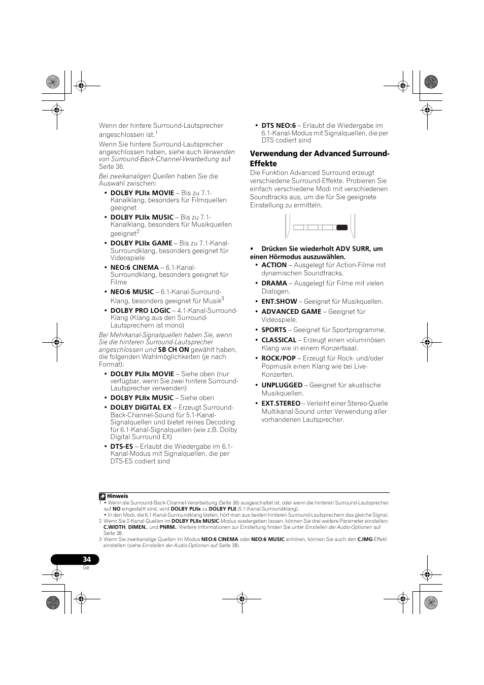Verwendung der advanced surround- effekte, Verwendung der advanced, Surround-effekte | Seite 34) | Pioneer VSX-819H-S User Manual | Page 104 / 282