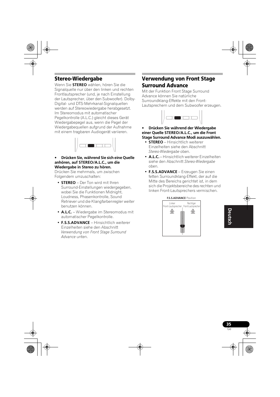 Stereo-wiedergabe, Verwendung von front stage surround advance, Verwendung von front stage | Surround advance, Seite 35, Seite 35) um | Pioneer VSX-819H-S User Manual | Page 105 / 282
