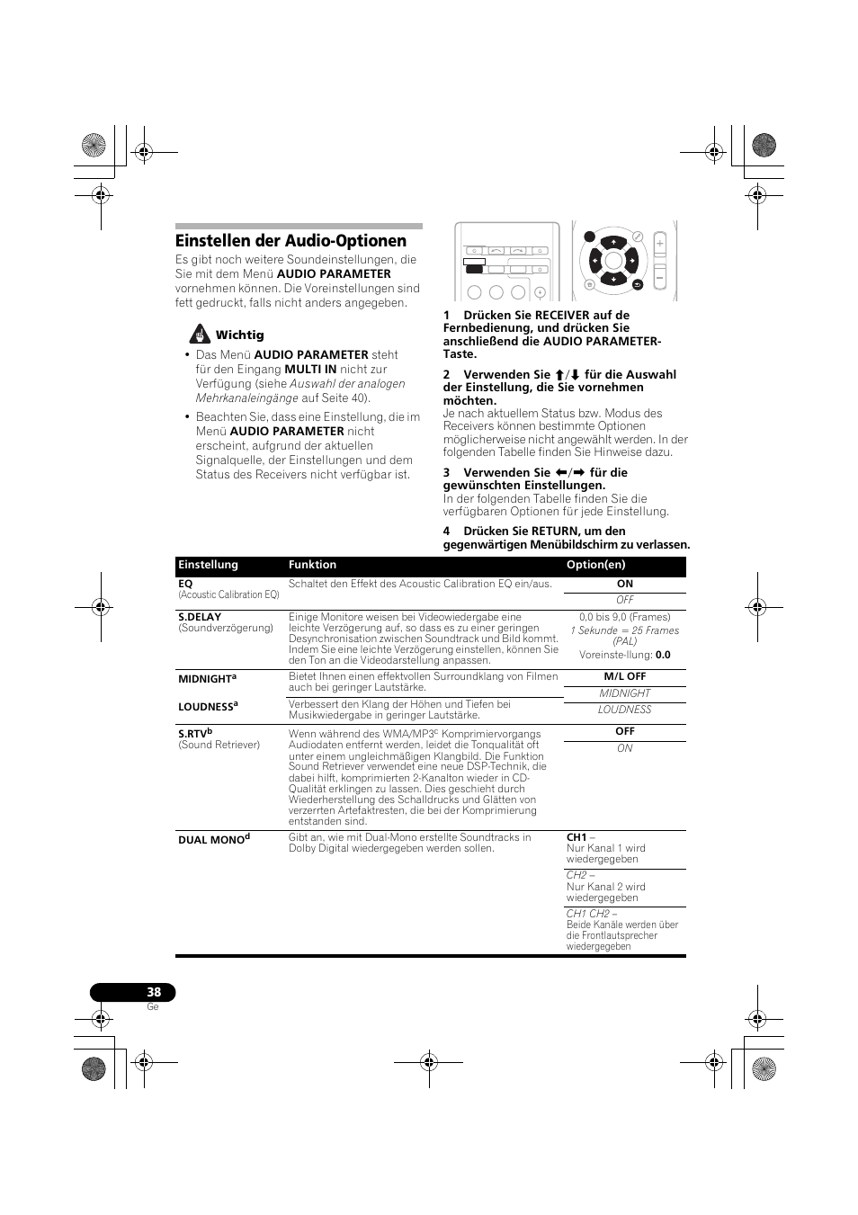 Einstellen der audio-optionen, Seite 38), Seite 38 | Einstellen der audio-optionen auf, Einstellen der audio-optionen auf seite 38) | Pioneer VSX-819H-S User Manual | Page 108 / 282