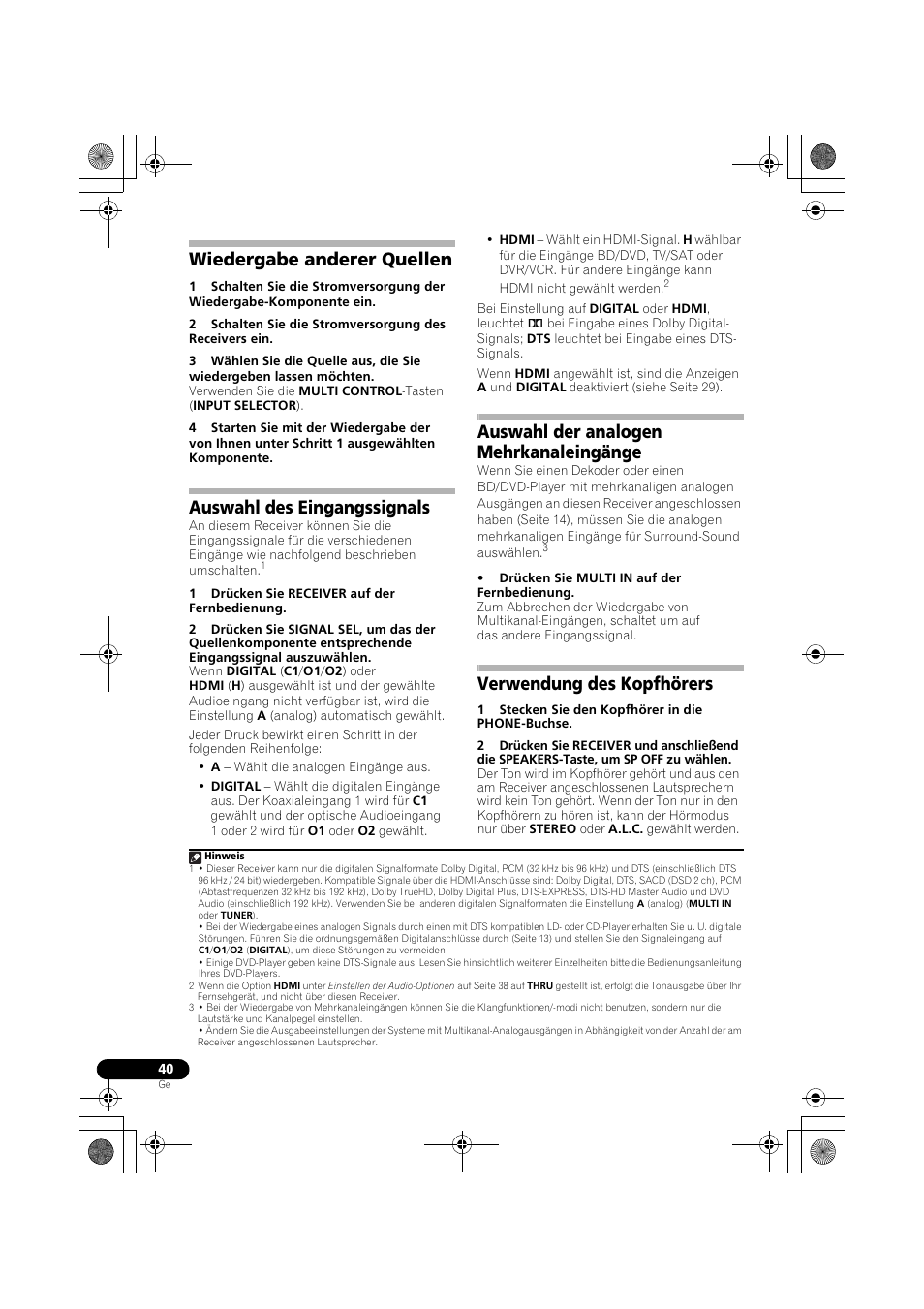 Wiedergabe anderer quellen, Auswahl des eingangssignals, Auswahl der analogen mehrkanaleingänge | Verwendung des kopfhörers, Auswahl der analogen, Mehrkanaleingänge, Auswahl des eingangssignals auf seite 40, Seite 40) | Pioneer VSX-819H-S User Manual | Page 110 / 282