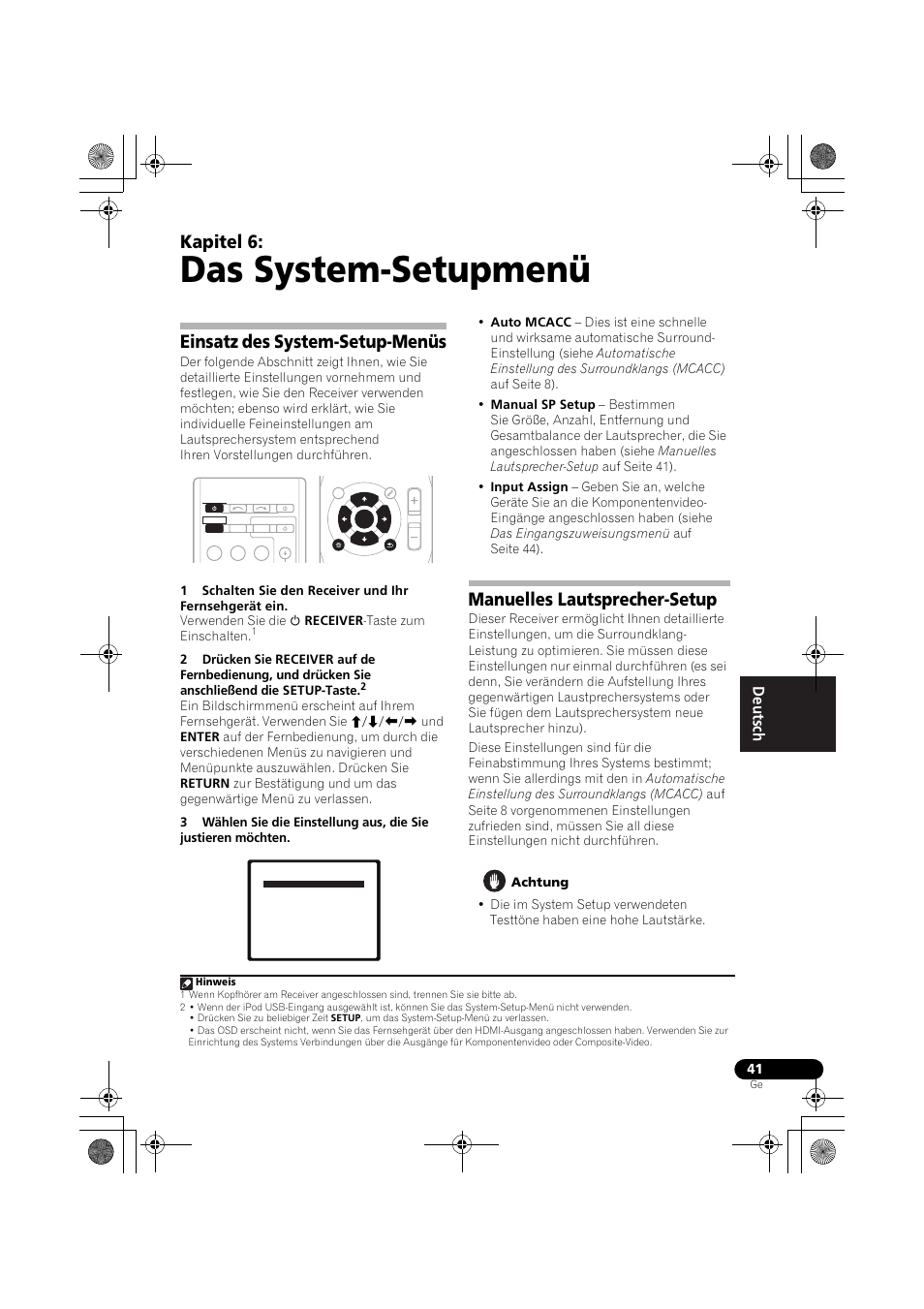 Das system-setupmenü, Einsatz des system-setup-menüs, Manuelles lautsprecher-setup | Seite 41, Seite 41), Seite 41). a, Kapitel 6 | Pioneer VSX-819H-S User Manual | Page 111 / 282