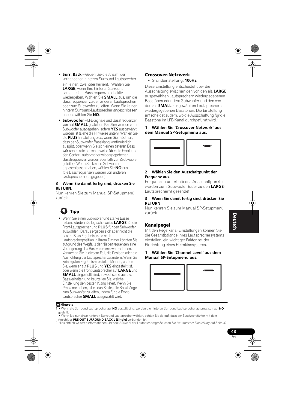 Crossover-netzwerk, Kanalpegel, Seite 43) | E seite 43) | Pioneer VSX-819H-S User Manual | Page 113 / 282