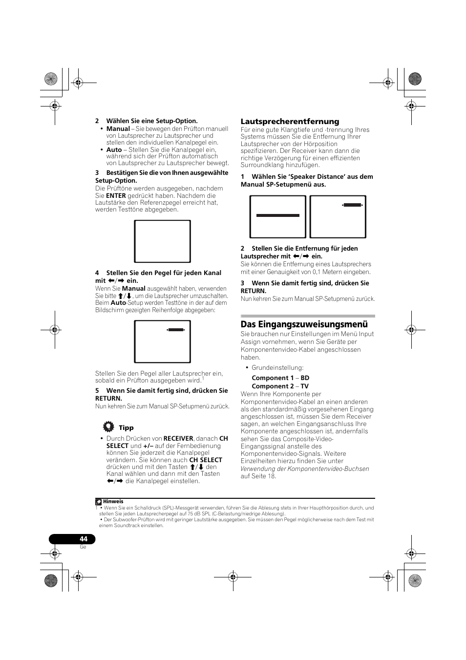 Lautsprecherentfernung, Das eingangszuweisungsmenü, Das eingangszuweisungsmenü auf seite 44.) | Das eingangszuweisungsmenü auf seite 44), Seite 44) | Pioneer VSX-819H-S User Manual | Page 114 / 282