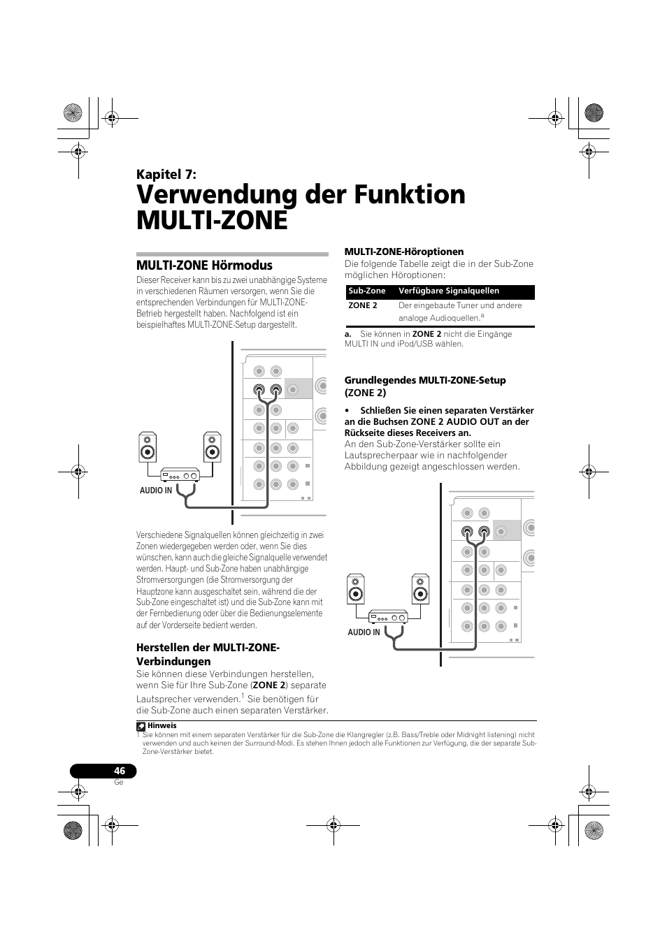 Verwendung der funktion multi-zone, Multi-zone hörmodus, Herstellen der multi-zone- verbindungen | Herstellen der multi-zone, Verbindungen, Multi-zone hörmodus auf seite 46) kö, Seite 46), Kapitel 7, Multi-zone-höroptionen, Grundlegendes multi-zone-setup (zone 2) | Pioneer VSX-819H-S User Manual | Page 116 / 282