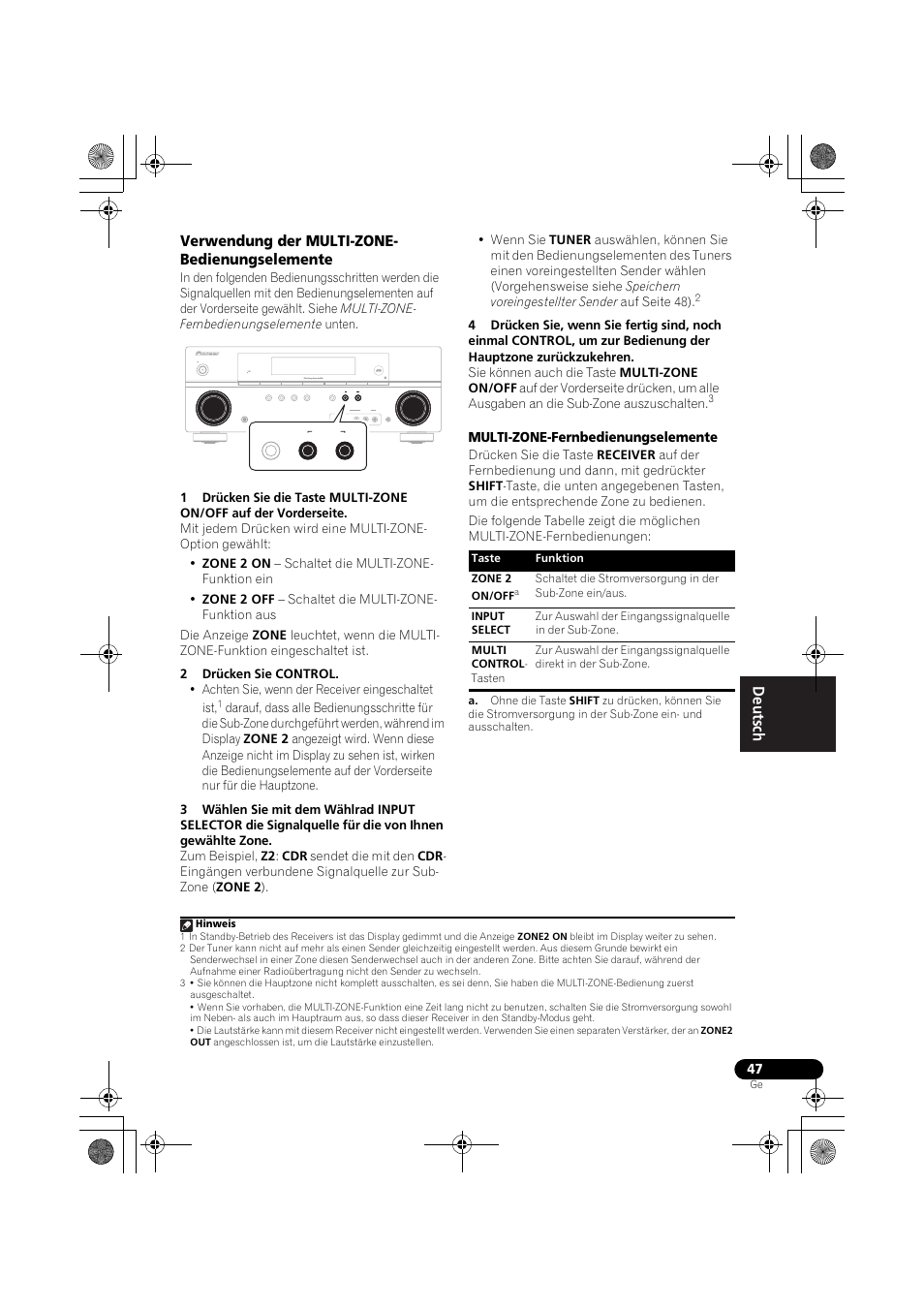 Verwendung der multi-zone- bedienungselemente, Verwendung der multi-zone, Bedienungselemente | Seite 47) | Pioneer VSX-819H-S User Manual | Page 117 / 282