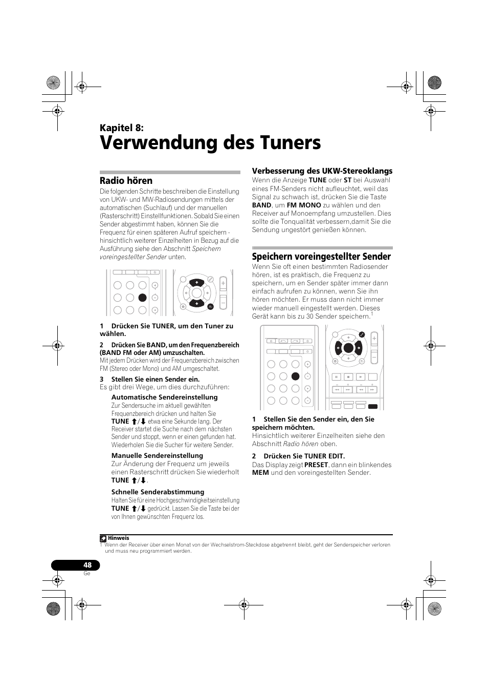 Verwendung des tuners, Radio hören, Verbesserung des ukw-stereoklangs | Speichern voreingestellter sender, Seite 48), Seite 48, 49), Seite 48 u, Seite 48) u, Seite 48) o, Kapitel 8 | Pioneer VSX-819H-S User Manual | Page 118 / 282