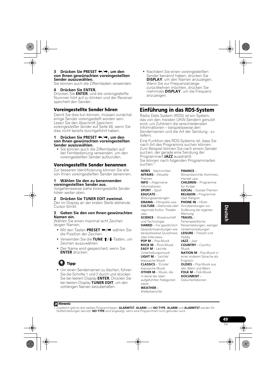 Voreingestellte sender hören, Voreingestellte sender benennen, Einführung in das rds-system | Seite 49), D 49) | Pioneer VSX-819H-S User Manual | Page 119 / 282